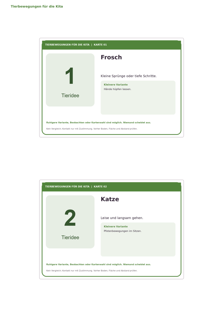 Vorschau der nummerierten Tierbewegungskarten 1 und 2: Frosch und Katze mit kurzer Aufgabe und kleinerer Bewegungsvariante