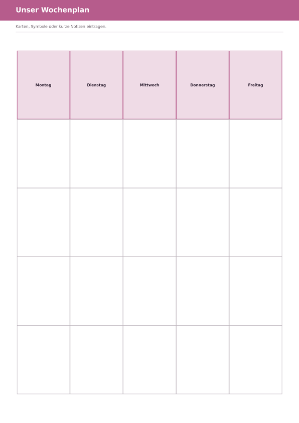 Wochenplan mit fünf Spalten von Montag bis Freitag und freien Feldern